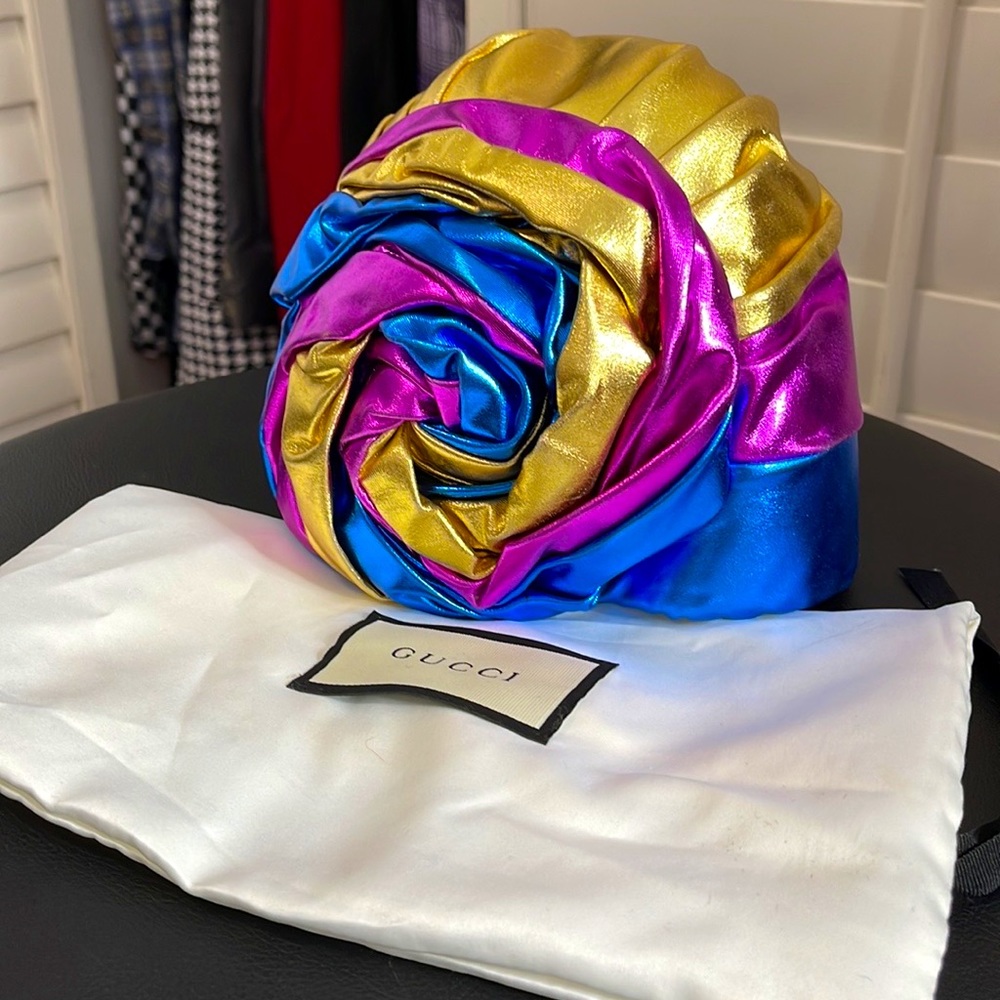 Gucci Metallic Gold Pink Blue Satin Turban Hat
